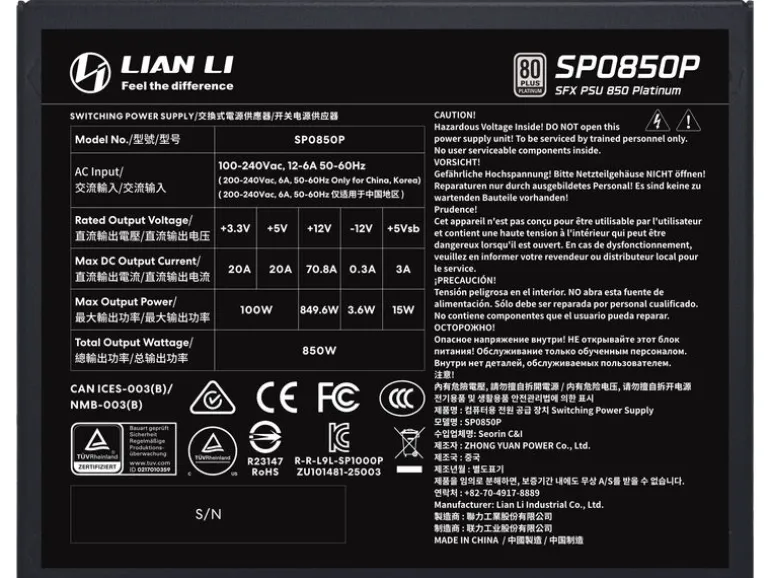 Lian Li Netzteil SP850 SP Platin 850 W Schwarz