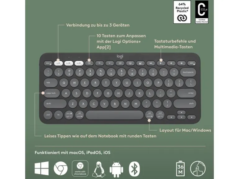 Logitech Pebble Keys 2 K380s Multi-Device-Tastatur Graphit