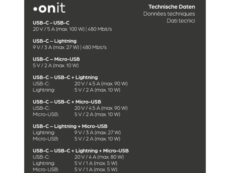 onit USB 2.0-Kabel USB-A/USB-C - Lightning/USB-C/Micro-USB B