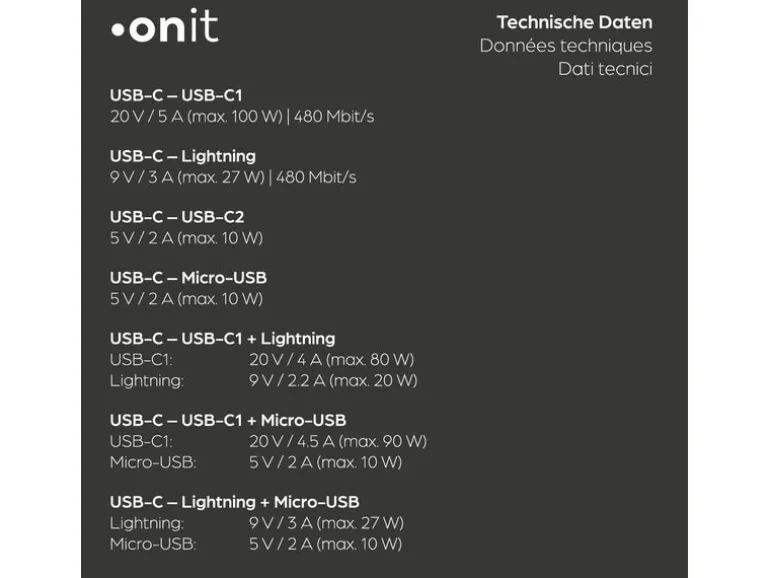 onit USB 2.0-Kabel USB-C - Lightning/Micro-USB B/2x USB-C 1.2 m