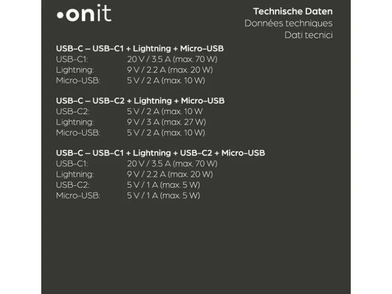 onit USB 2.0-Kabel USB-C - Lightning/Micro-USB B/2x USB-C 1.2 m