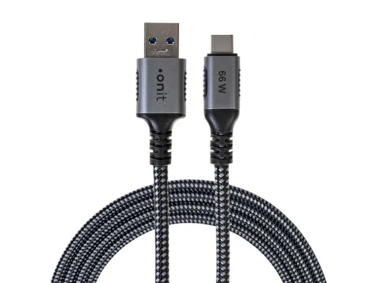 onit USB 3.1-Kabel 66 W, USB-A - USB-C, 2 m, Schwarz/Grau