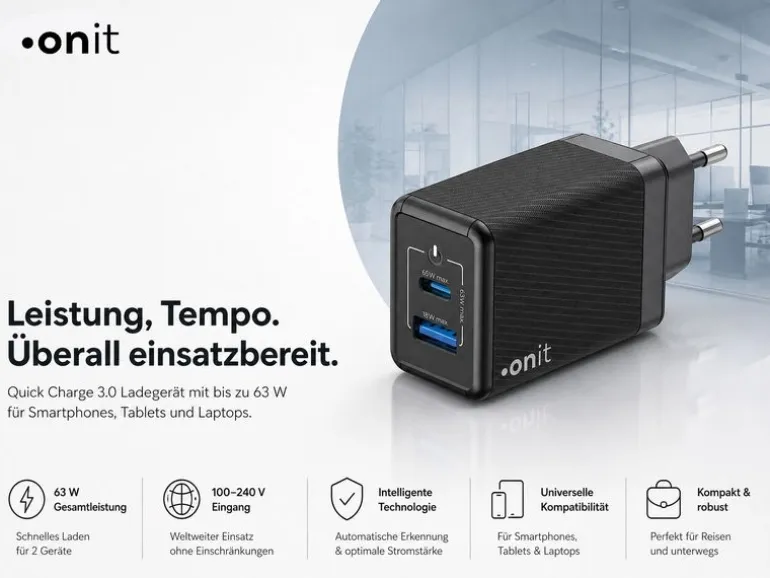 onit USB-Wandladegerät Dual QC4+ 65 W GaN Schwarz